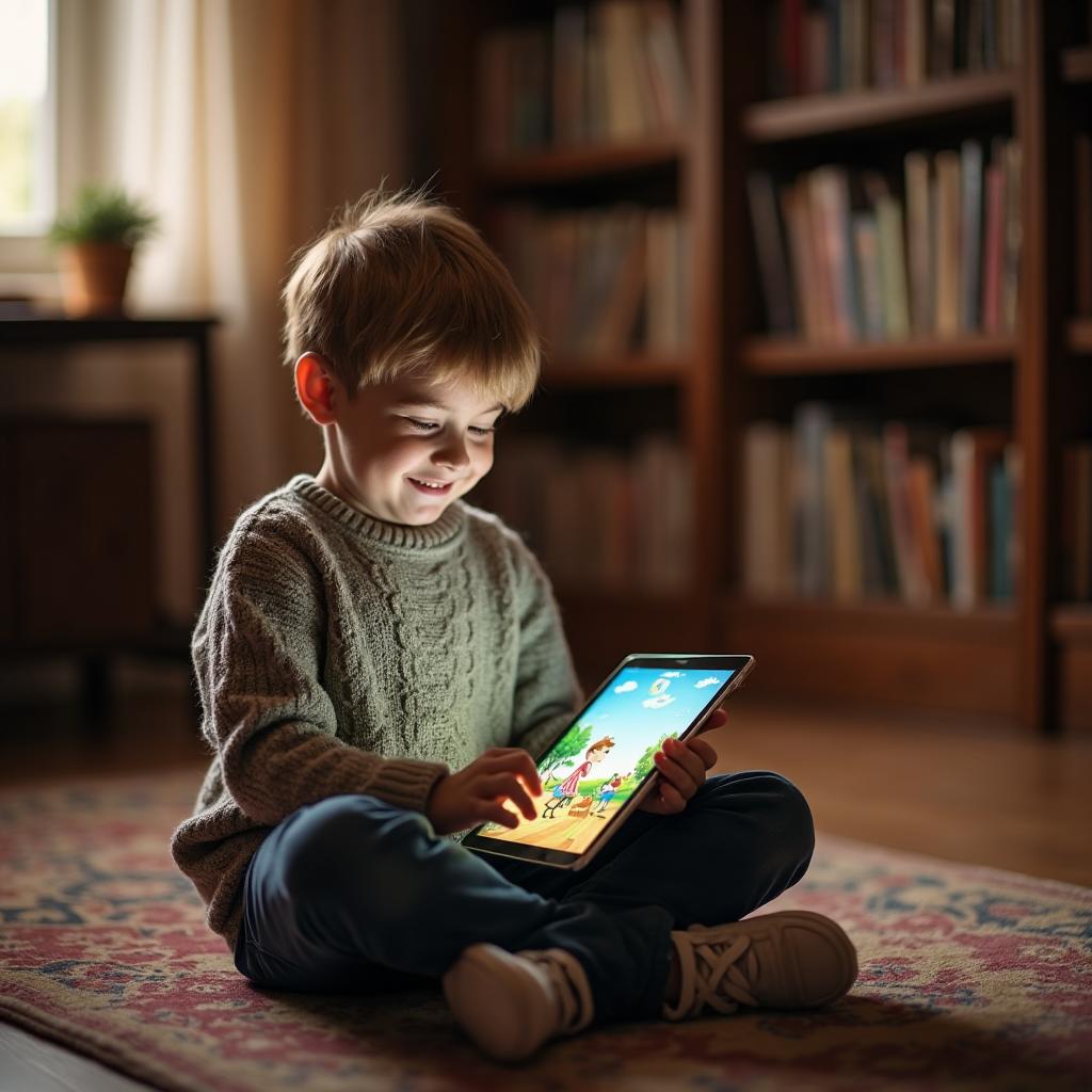 Child reading a book in a library