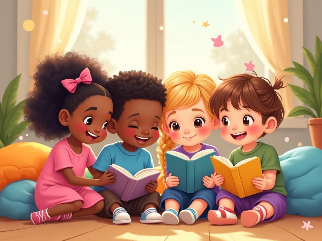 Children reading illustrated stories